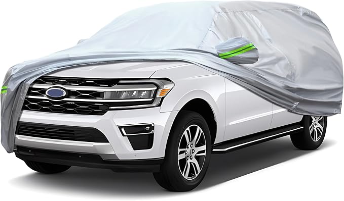 Full Car Cover Universal 6 Layers Outdoor Thicked All Weather Cover, Sunshield, Waterproof, Snow Proof, UV Proof, Scratch Proof, Bird Droppings, 6 Reflective Strips, Fits SUVs up 205"-216"