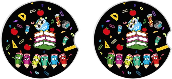 2 Pack Ceramic Cup Holders,Owl and Pencil Pattern Car Coasters Set for Women/Men,2.56" Ceramic Stone & Cork Base Drink Coasters.