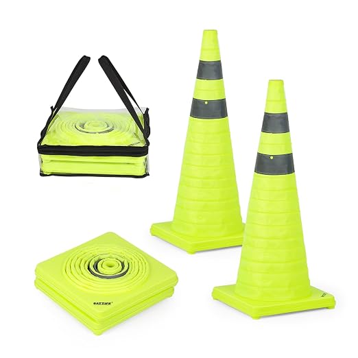BATTIFE [2 Pack] 28 Inch Collapsible Traffic Cones, Lime Green Safety Cones, Pop-up Cones with Reflective Collar, for Driving Practice,Road Parking (Green)