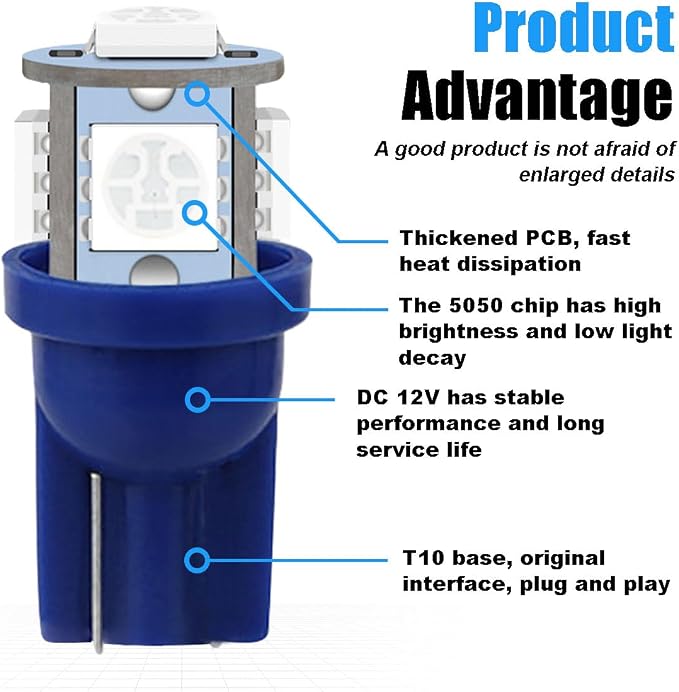 smilfuy 2PCS T10 194 LED Bulbs Tag Lights for License Plate, 6000K Blue | Wedge 168 T10 2825 5SMD 5050 Chips LED Bulb, 12V Bulb Replacement for Car Interior Dome Map Door Courtesy License Plate Light