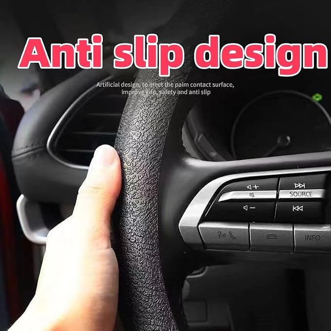 Universal Car Steering Wheel Cover, Black Silicone, 15 Inches | Anti-Slip Design, Leather Texture, Breathable