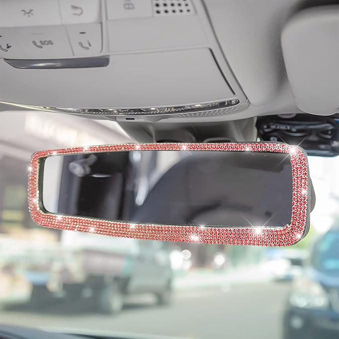 Car Bling Rearview Mirror, Rhinestones Crystal Diamonds Rear View Mirrors with HD Glass, Universal Clip-on Rear View Mirrors for Cars, Vehicles, SUVs, Car Accessories for Women Girls (Red)