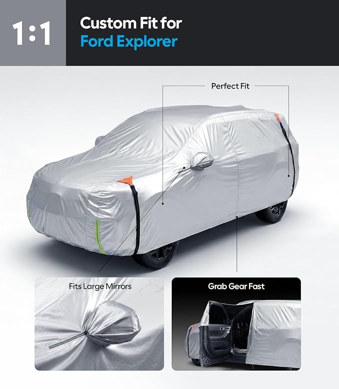 Wigoo Ford Explorer Car Cover Accessories 2006-2026, Custom Fit Waterproof All Weather Outdoor Indoor Full SUV Cover, Windproof Sun UV Rain Snow Dust Protection, Door Zipper, Reflective Strips