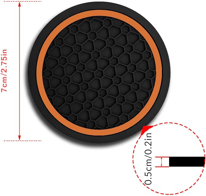 Car Cup Holder Coasters, Dustproof Automotive Interior Accessories Mat,2.75 Inch Non-Slip Insert Water Bottle Holder Pads, Universal for Vehicles, Trucks, RVs and More (Black/Orange, 2PCS)