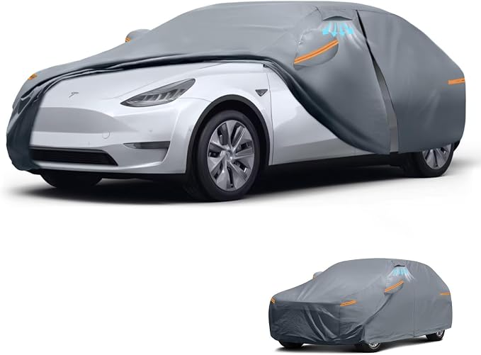 Waterproof Tesla Model Y/Model Y Juniper(2020-2026) Car Cover with Breathable Vents, [Upgrade] Premium Covers with Cotton Liner and Zipper Door, Sun Rain Snow Dust Uv Protection.(Gift with Towel)