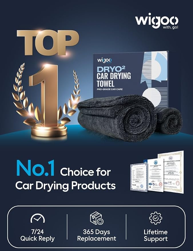 Wigoo Microfiber Car Drying Towel for Detailing, Cars, SUV, Truck (3 Sizes) | 1300 GSM, 36" x 24", Ultra-Absorbent, Streak-Free, Dual-Sided Edgeless Cleaning Towels with Twisted Loop