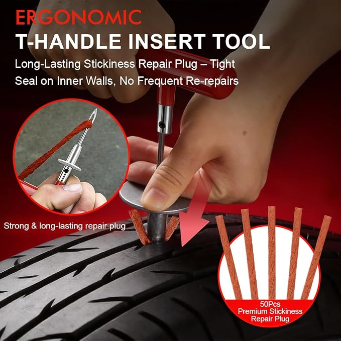 132Pcs Heavy Duty Tire Repair Kit, Professional Tire Plug Kits with Rubber Nails, 50Pcs Plugs, Fix a Flat Puncture Patch Tools for Motorcycle, Car,Truck, ATV, Auto, UTV & Lawn Mower(Tubeless)