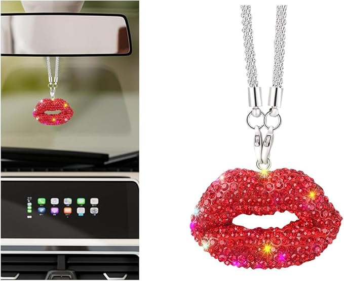 Bittwee Bling Lip Diamond Car Hanging, Crystal Rinestones Auto Rear View Mirror Charms Ornament, Lucky Vehicle Interior Pendant Decoration Accessories, Universal for SUV Sedan Truck(Red)
