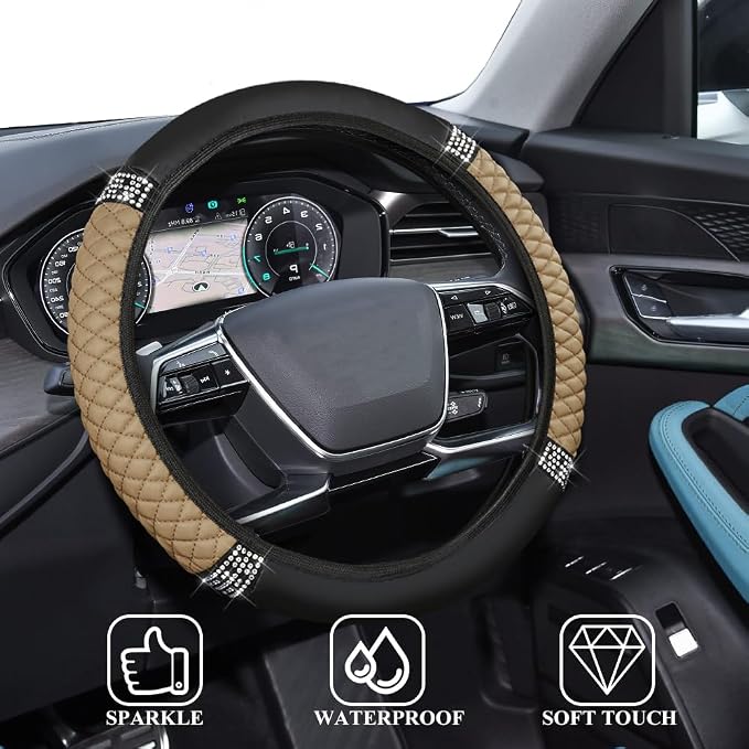 Bling Soft Leather Steering Wheel Cover, 15 Inch Colorful Rhinestones Auto Elastic Steering Wheel Protector for Women Girls, Car Accessories Anti Slip Steering Wheel Cover for Cars, SUVs (Beige)
