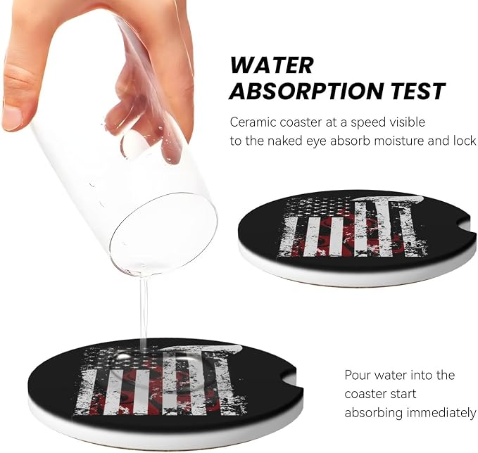 American Flame Axe Firefighter Flag Absorbent Ceramic Car Coasters 2 Pack Round Insert Cupholder Coaster Car Cup Holder Mat With Finger Notch Anti-Slip Cork Base Reusable Drink Coasters 2.56 in