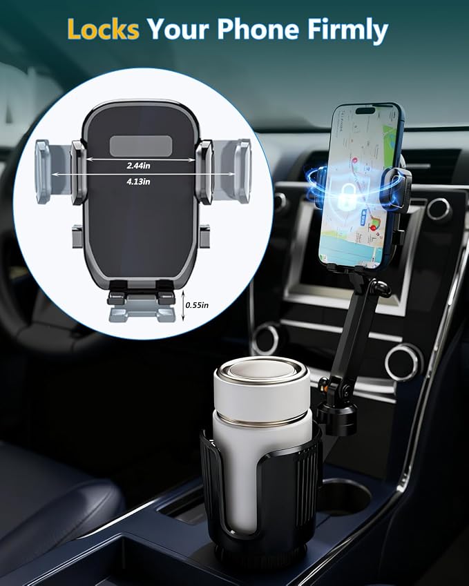 Cup Phone Holder for Car Cup Holder with Expandable Base, Detachable Dual Cellphone Holder Cupholder Car Mount with Long Arm Universal Fit iPhone and Large Bottle, for Truck SUV