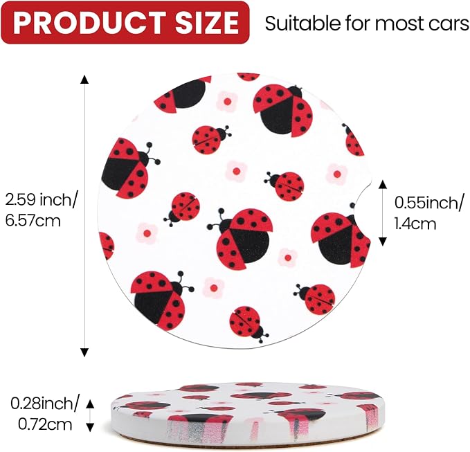 2 Pack Ladybug Car Coasters for Women Car Cup Holder Coasters, 2.63 Inch Anti Slip Ceramic Absorbent Coaster with Cork Base and Finger Notch, Cute Car Accessories Interior