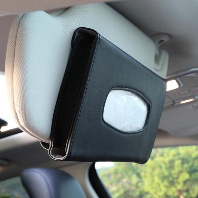 Visor Tissue Box Holder - PU Leather Van Truck Vehicle Car Tissues Case Dispenser for Backseat and Sun Visor, Refill Paper Included (Black)