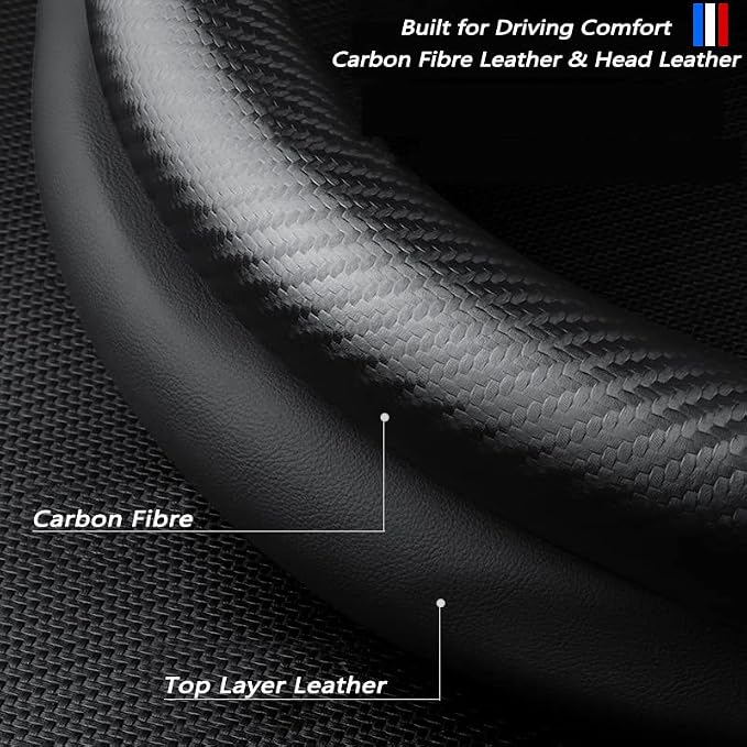 Steering Wheel Cover Compatible with Nissan, Nappa Leather&Carbon Fiber Texture Steering Wheel Cover, 14.5-15 Inch Diameter with 2 Coasters and USB Fast Charging Cable (Red)
