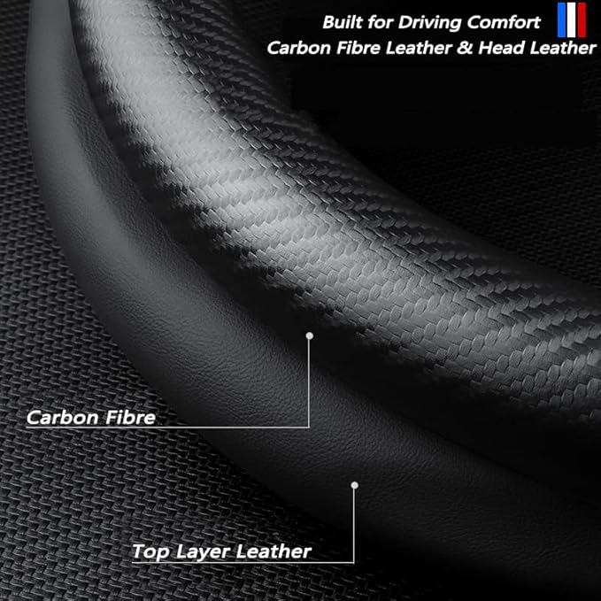 Steering Wheel Cover Compatible with Ford, Nappa Leather&Carbon Fiber Texture Steering Wheel Cover, 14.5-15 Inch Diameter with 2 Coasters and USB Fast Charging Cable (Black)