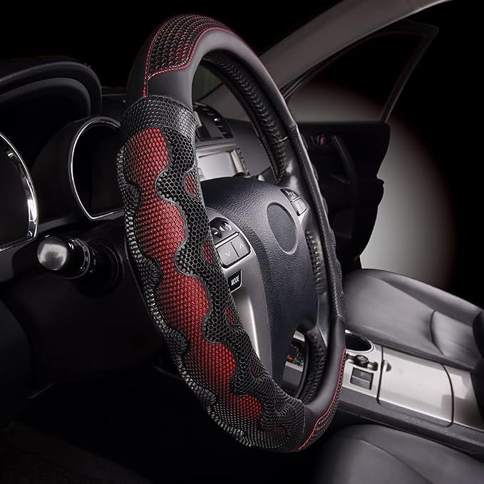 Flying Banner car Steering Wheel Cover Faux Leather Massage Universal fit 3D Honeycomb Hole Anti-Slip Sporty 15 Inches (Red with Black)