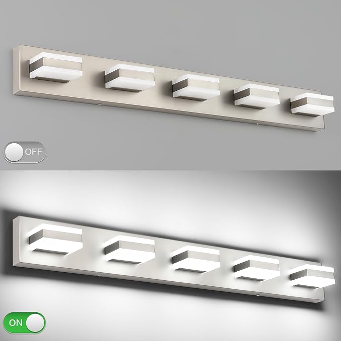 SOLFART Bathroom Brushed Nickel Bathroom Light Fixture, Vanity Lights Over Mirror, 5 Light Led Lights for Bathrooms,5 Color Temperature Adjustable Vanity Lights for Bath Nickel ETL Listed