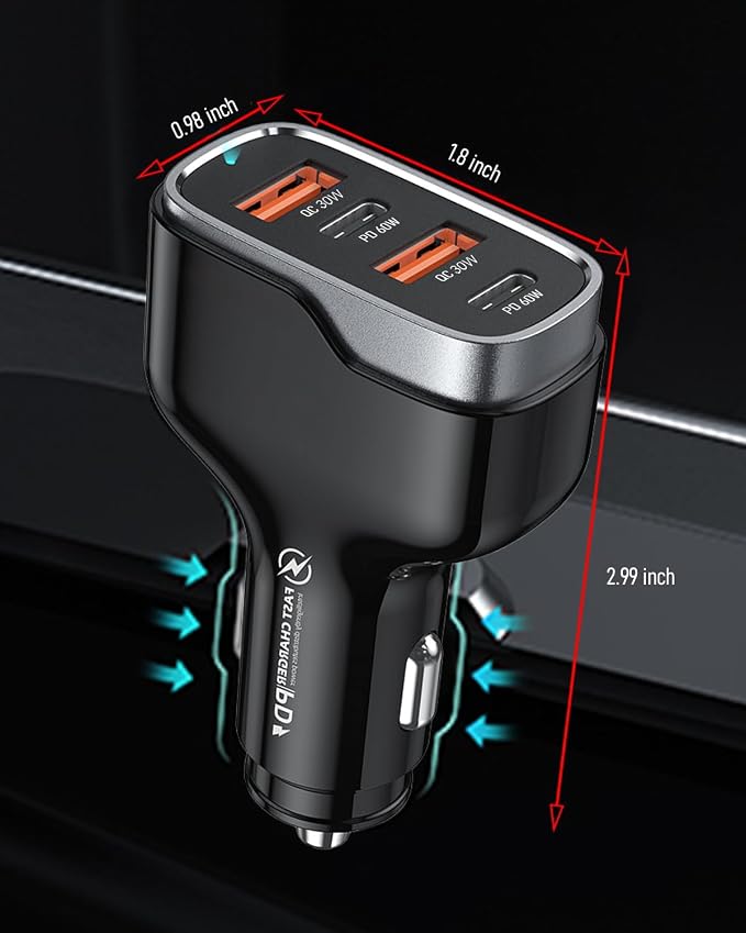 SUNDA 120W USB C Fast Car Charger, 4-Port (2 USB-C + 2 USB A) PD 3.0/60W, PPS QC 3.0, Charging for Family & Road Trip, Cigarette Lighter Adapter for iPhone/Samsung Galaxy/Google Pixel/iPad