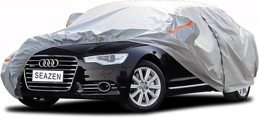 SEAZEN Car Cover 6 Layers, Waterproof Sedan Car Cover with Zipper Door, Snowproof/UV Protection/Windproof, Universal Car Covers Breathable Fabric with Cotton (185" to 200")