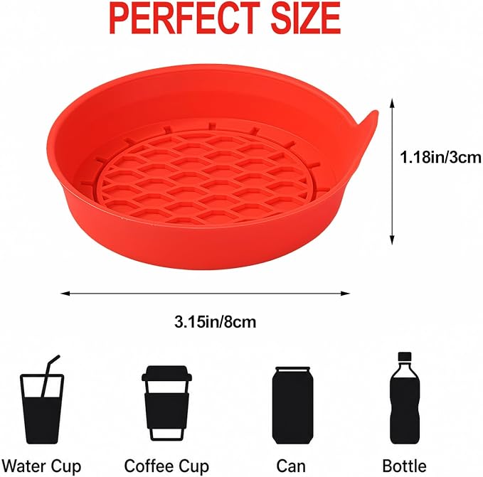 4 Pack Car Cup Holder Coaster, 3.15 Inch Non-Slip Silicone, Red | Cup holder insert, spill proof ,raised lip, honeycomb base, rinse clean, fits most sedans suvs trucks, automotive accessories