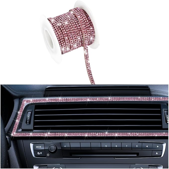 BELOMI Bling Car Trim Self Adhesive Strip, 16.4Ft Crystal Rhinestone Vehicle Dashboard Line Molding Stickers, Diamond Auto Interior Exterior Decor Accessories for Women Girls, Universal Fit（Pink）