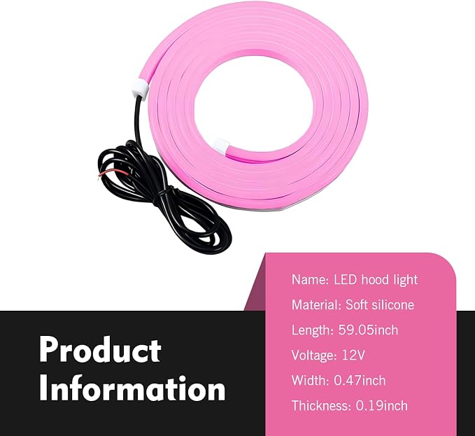 1PC Car Hood LED Strip Light, 59In Waterproof Flexible LED Light Strip with Adhesive Tape, Exterior and Interior Decoration, Universal for Most Cars, Trucks, SUVs DC 12V (Pink)