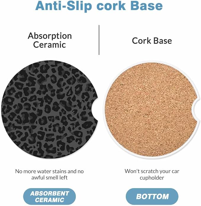 Leopard Skin Spots Car Cup Holder Coaster 2 Pack Absorbent Ceramic Car Coasters for Cup Holders Car Accessories Interior for Women Men Universal Anti Slip Cork Base Cup Coasters with Finger Notch