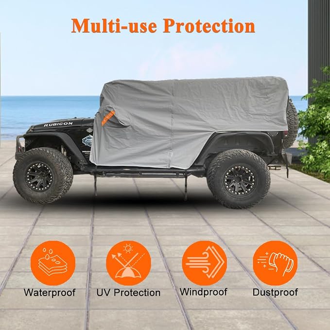 Waterproof Cab Cover for Jeep Wrangler JK JL 2 Door | Zipper access, windproof design, soft cotton lining, all-weather protection against rain, snow, UV rays and dust