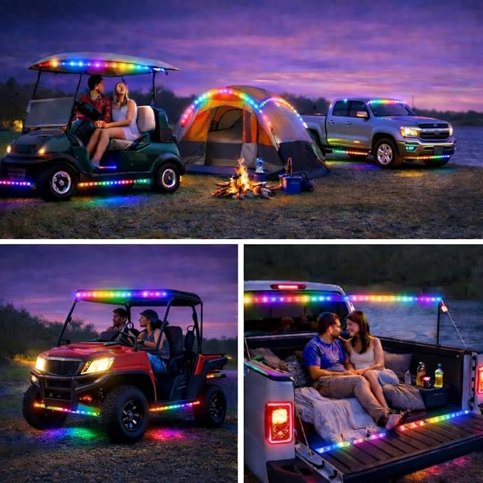 Battery Powered RGB+IC Dream Color Chasing Golf Cart Canopy Roof Lights with Remote, 2 Pack 6.56FT IP68 Waterproof Addressable Golf Cart Underglow Light Strip for EZGO Yamaha Club, Boat, Easy Install