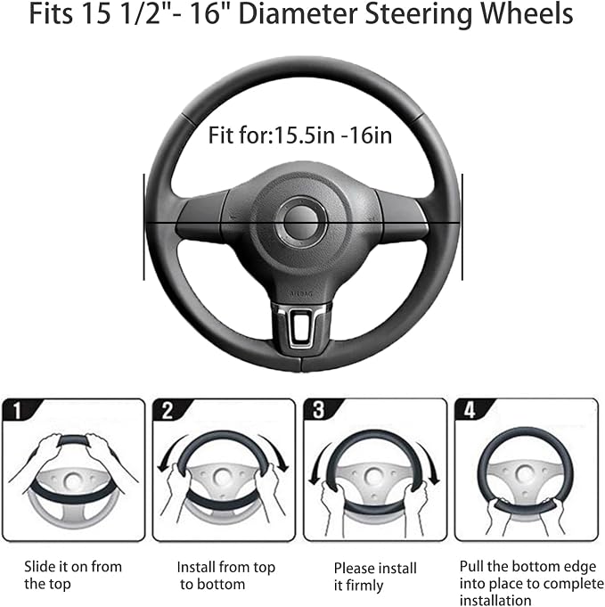 Black Genuine Leather Car Steering Wheel Cover Men Women,Cowhide Wheel Cover,Soft,Breathable,Anti-Slip,Luxury Steering Wheel Cover,Large Size 15.5-16 inch(L)