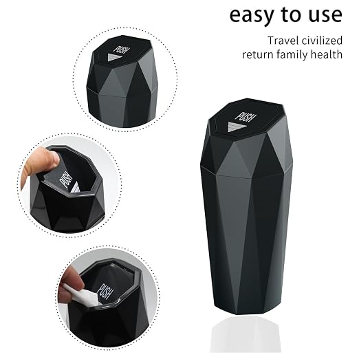 Car Trash Can with Lid，Mini Diamond Design Automatic Portable Trash Can，Small Trash Bin for Automotive Office Home Kitchen (2, Black)