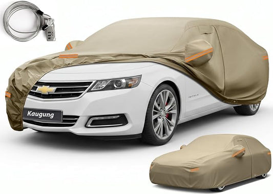 Kaugung Custom Fit Car Cover for Chevrolet Chevy Impala (2000-2020), Heavy Duty All Weather Waterproof Outdoor Cover, Sun Rain Snow UV Protection with Driver Door Zipper, Mirror Pockets & Air Vents