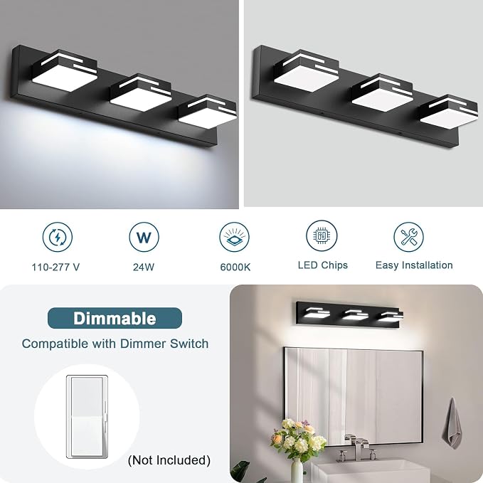 LED Modern Bathroom Vanity Light Fixtures, Dimmable Matte Black Vanity Lights for Bathroom Lighting Fixtures Over Mirror, with 360° Rotatable Acrylic Heads 3-Light 22-inch (Cool White 6000K)