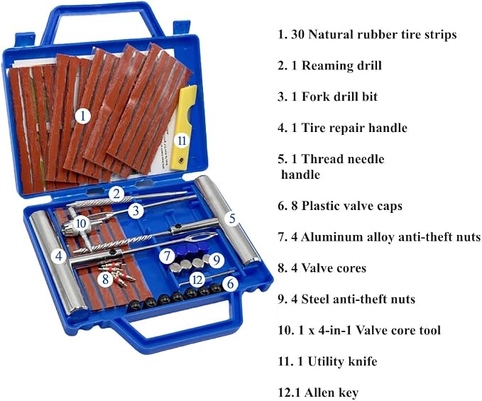 Tire Repair Tools, 58 Pieces Heavy Duty Tire Plug Kit | Tyre Puncture Repair, For Cars, Motorcycles, Trucks, SUVs, ATVs, Tractors, Campers, Meche Flat Tyres