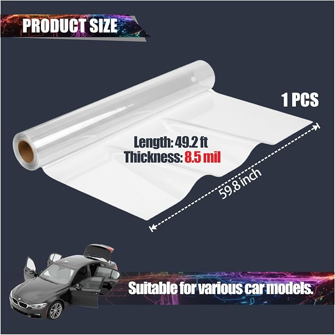 Car Paint Protection Film - Clear 8-Mil TPU Self-Healing PPF, Anti-Scratch Protective Wrap for Pickup Trucks, SUVs & Cars, Waterproof & Stain-Resistant, 5ft x 50ft Roll