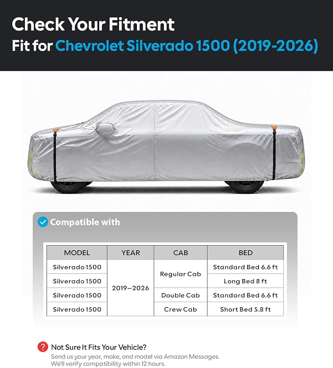Wigoo Chevrolet Silverado 1500 Truck Car Cover Accessories 2019-2026, Custom Fit Waterproof All Weather Outdoor Full Pickup Cover, Windproof UV Rain Dust Protection, Door Zipper, Breathable Design