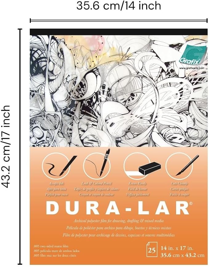Grafix Dura-Lar 0.005" Film, Matte, Translucent 14"x17", Economical Alternative to Drafting Film, Mylar and Acetate, Translucent Drawing Surface for Lead, Ink, Charcoal and Paint, Pad of 25 Sheets