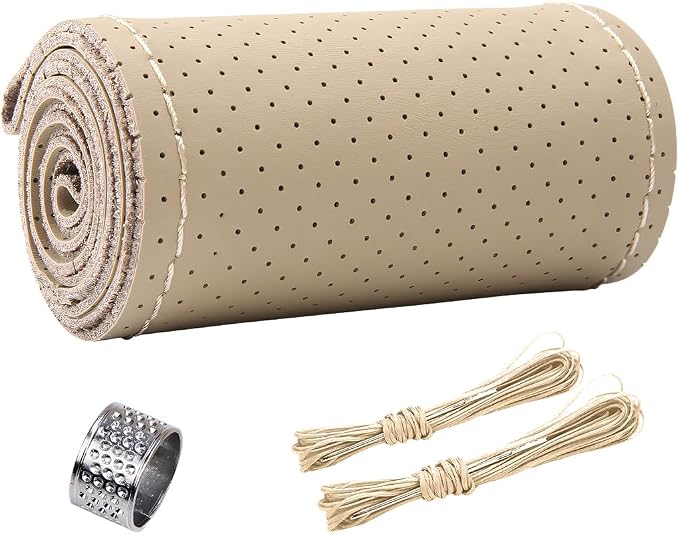 ZIMISI 15 Inch Genuine Leather Steering Wheel Cover (Beige,Hole) | Anti-Slip Breathable Car Steering Wheel Stitching Wrap, DIY Sewing with Needle Thread, Stitch on Wrap Steering Wheel Cover