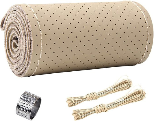ZIMISI 15 Inch Genuine Leather Steering Wheel Cover (Beige,Hole) | Anti-Slip Breathable Car Steering Wheel Stitching Wrap, DIY Sewing with Needle Thread, Stitch on Wrap Steering Wheel Cover