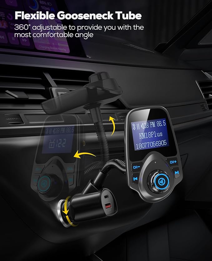 Nulaxy KM18plus Bluetooth 5.4 Car FM Transmitter,1.44" Large Screen Wireless Radio Adapter with 48W Dual Fast Charging (PD 30W & QC 18.0), Hands-Free Call, Matte Black