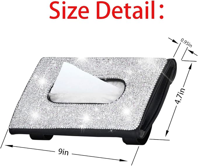 Bling Car Sun Visor Tissue Box Holder, Rhinestone PU Leather Crystal Sparkling Napkin Holder, Backseat Paper Towel Cover Case Car Accessories for Women (White)