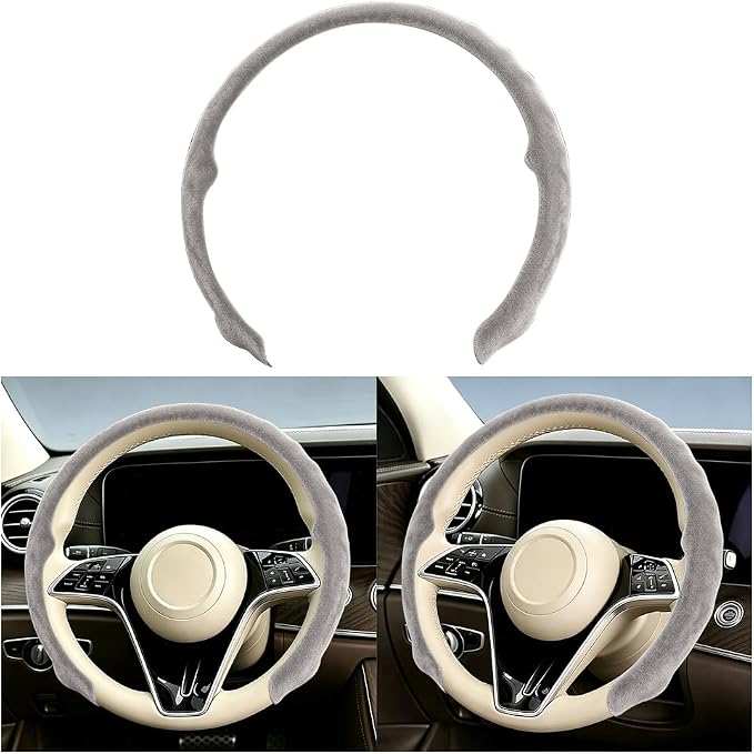 Mandark Car Steering Wheel Cover, Suede Sport Vehicle Steer Wheel Protector Fitting 15 Inch, Non-Slip Comfortable Automotive Interior Decoration Accessories, Universal Fit (Beige Gray)