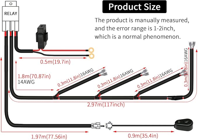 LED Lights Bar Wiring Harness Kit 4 Leads DC12V On-Off Switch Power Relay Blade Fuse 14AWG Core Cable Wiring Harness Kit fit for LED Driving Lights Bar Work Auxiliary Lights