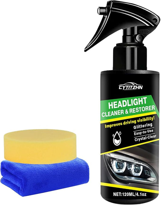 Headlight Restoration Spray – Instant Oxidation, Yellowing & Stain Removal, Restores Cloudy Headlamps to Like New, Portable Cleaner for All Cars – 120ml/4.01oz