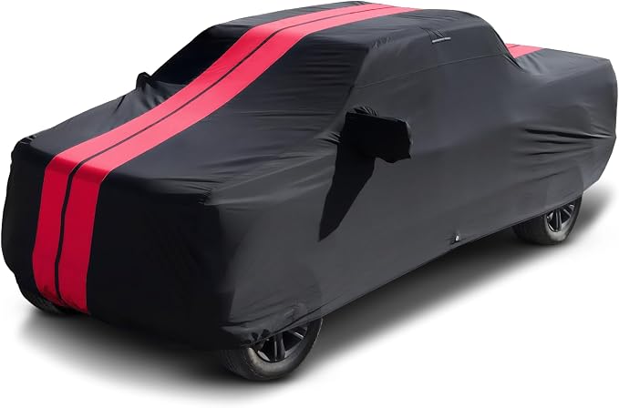 iCarCover Premium Plus Truck Cover Waterproof All Weather Rain Snow UV Sun Protection, F-150 250, Chevy C/K, Silverado, Ram, Sierra 1500 2500, Tundra, Size T77 (See Size Chart) Stripe - Black/Red
