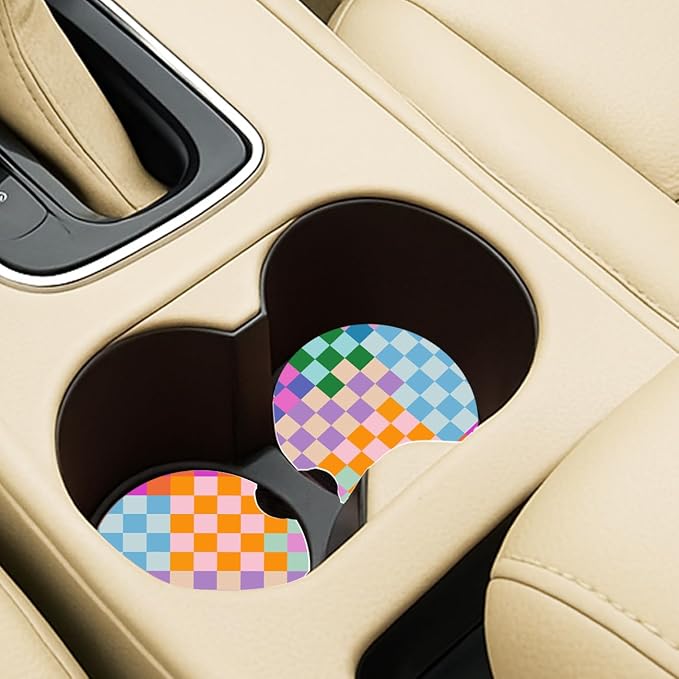 Ceramic Car Coasters – Absorbent Car Cup Holder Coaster Set for Women, Cute Aesthetic Car Accessories for Girls, 2 Pack (Pastel Parade)
