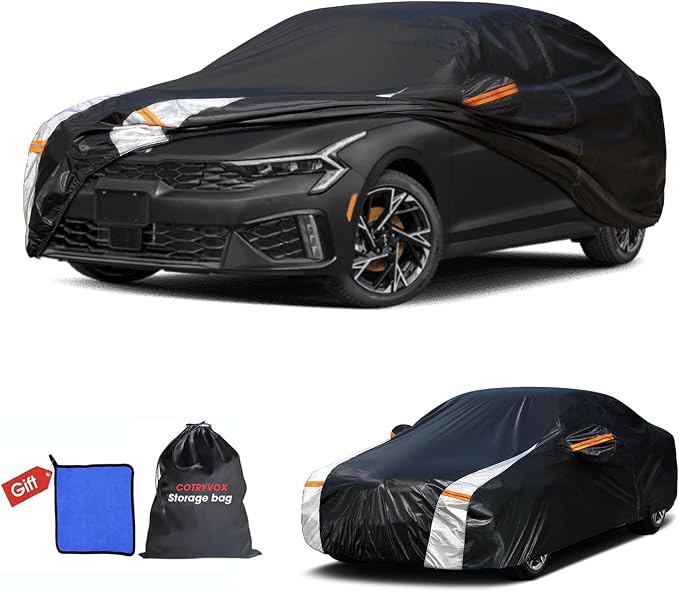 Multi-Layer Car Cover Custom Fit for Kia K5(2020-2026), 100% Waterproof All Weather for Automobiles, Gift with Towel, Heavy Duty Car Covers for Rain Sun UV Protection with Door Zipper