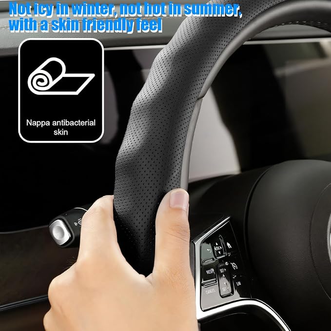 Car Steering Wheel Cover, 15 inch Nappa Leather Anti-Slip & Ultra-Thin 5D Vehicle Steering Wheel Protector, Breathable Automotive Interior Accessories, Universal Fit (Black)