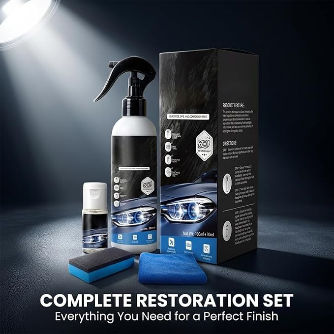 Headlight Restoration Kit, Car Headlight Cleaner and Restorer Kit, No Power Tools Required, Headlight Restoration Spray for Yellowing, Oxidation, Foggy Plastic Lenses (2)