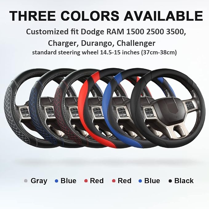West Llama Customized Auto Car Steering Wheel Cover for Dodge 1989-2011 RAM 1500 2500 3500, Charger, Durango, Challenger (Diamond Quilted-Black+Red-Standard Size)